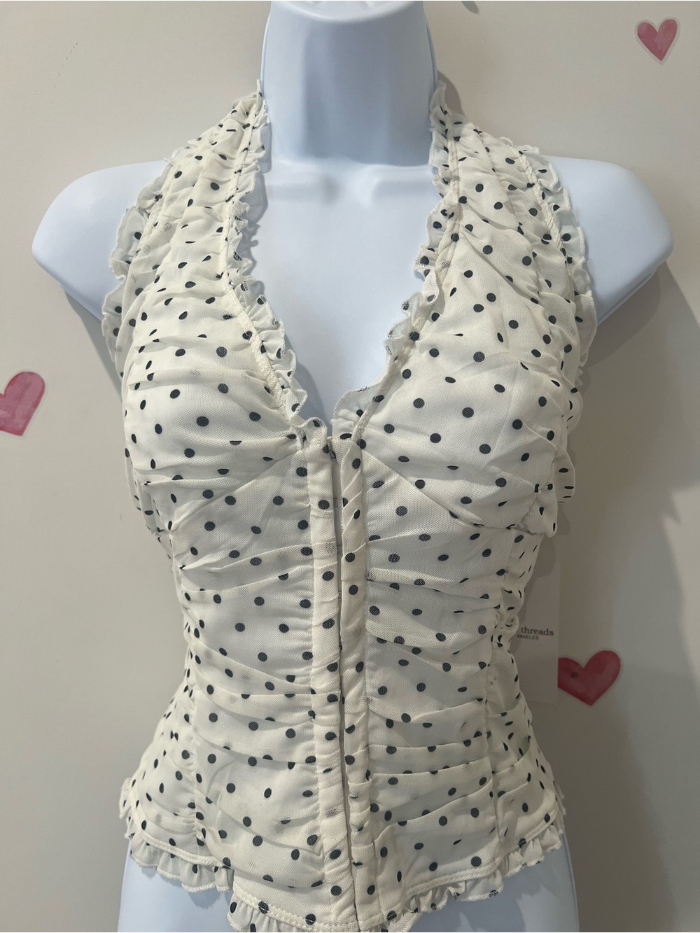 Cream Polka Dot Ruffled Halter Tank Top